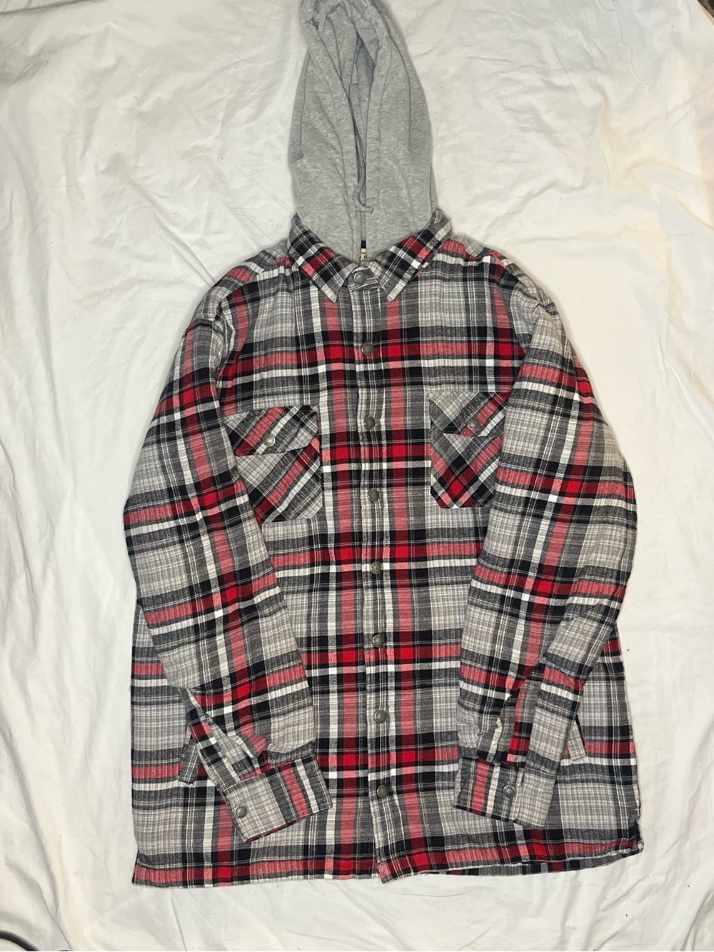 RedHead Men's Gray and Red Plaid Zip-Up XLT Hooded Sweater